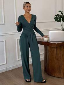 DAZY Simple Solid Color Lapel Women's Lounge Set, Fall Winter Clothes, Cozy Outfits - Blue - View 7