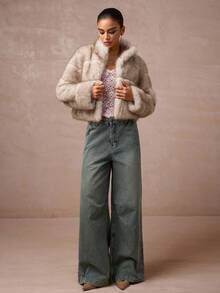 Lumalex 秋冬季宽松长袖短款仿皮草外套，适合假日度假、新年派对、夜间外出约会 - 摩卡棕 - 查看 6