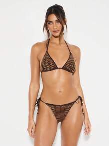 KIZN Metallic Gold Studded Triangle Bikini Set Summer Beach Halter Top String Bottom Two Piece Swimsuit Bathing Suit Resort Wear Holiday Beachwear - Brown - View 7