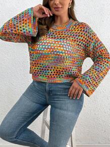 SHEIN PETITE CURVE 大码女式镂空落肩长袖宽松彩色套头毛衣针织衫秋冬款 - 彩色 - 查看 6
