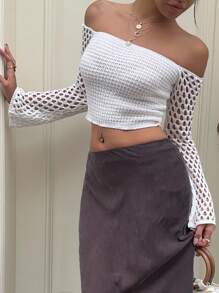 Sunnyshic Sexy Hollow-Out Off-Shoulder Cropped Knit Sweater For Beach Vacation Knit Pullover Fall Winter - White - View 5