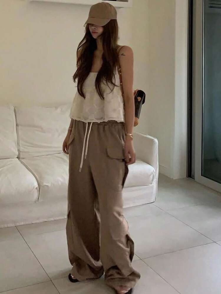 Solid Color Elastic Waist Drawstring Pocket Casual Cargo Pants Autumn Sweatpants