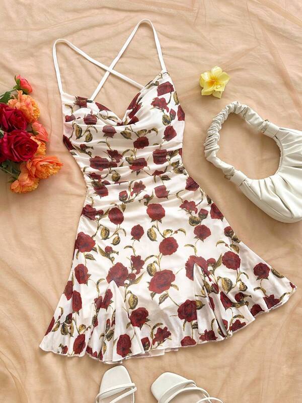 Soleia Abito mini da donna per vacanze, con spalline sottili, collo drappeggiato, schiena scoperta, fiocco, coda di pesce, stile sexy, abito mini, adatto per pausa tè, shopping, appuntamenti romantici, spiaggia, in rete, giovane, da ragazza