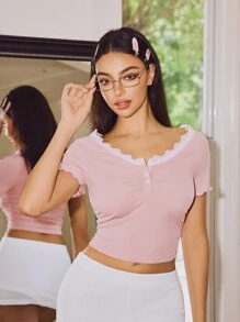 Lowkey Lull 女士撞色蕾丝边短袖休闲夏季睡衣上衣 - 卡其色 - 查看 3