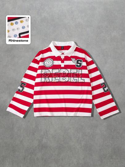 Street Life Camicia polo a maniche lunghe con strisce e brillantini, vestibilità ampia, per uomo