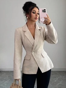 Siren Gaze 女士优雅双排扣西装外套，通勤必备，适合通勤、秋季、冬季、商务休闲、办公室、工作场合，商务职业女性适用，粗花呢西装外套，修身腰部设计，通勤百搭，简约风格，办公室必备，复古韵味，简约棕色 - 卡其色 - 查看 1