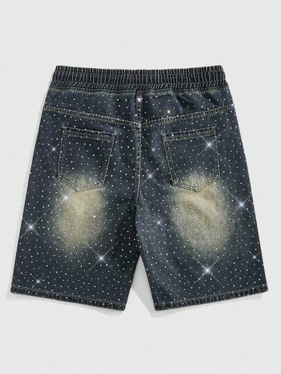 Street Life Men's Summer Casual Street Rhinestone Drawstring Elastic Waist Loose Washed Denim Shorts