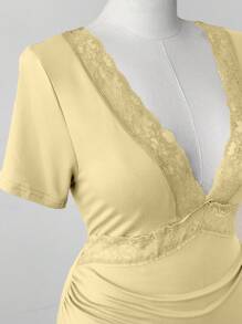 Sweetra Vestido sexy transparente con cuello en V y parches de encaje a la moda - Albaricoque - Ver 3