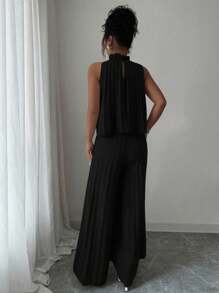 Elenzga Sleeveless Round Neck Pleated Elegant Romantic Women's Jumpsuit - Black - View 2