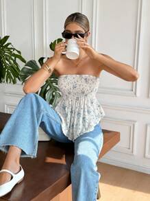 Serisse Áo Bandeau họa tiết hoa nhún bèo thời trang cho nữ khi đi nghỉ - Xanh và trắng - Xem 3