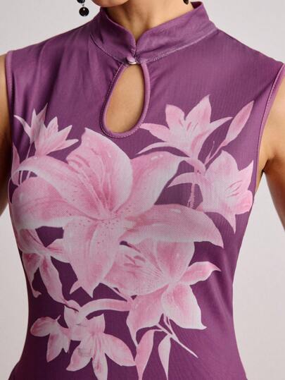 New Chinese Style Retro Collar Floral Print Fitted A-Line Women Short Dress