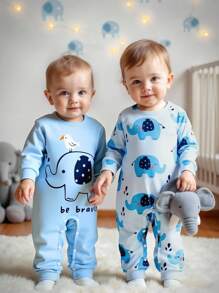 SHEIN Persoplay Kids 2pcs Toddler Infant Baby Boys Cute Elephant Print Round Neck Open Shoulder Long Sleeve Jumpsuit & Pants Set, Children Clothing, Baby Outfit, Suitable For Casual, Party, Sports Wear In Autumn/Winter