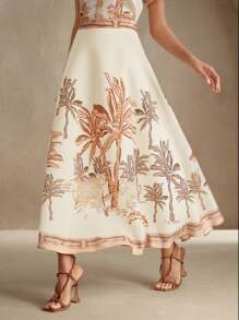 Anewsta 女士优雅热带植物印花 A 字中长裙，适合度假