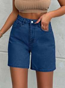 EURMUSE 100%Cotton LIGHT WASH HIGH WAIST SHORT - Dark Wash - View 3