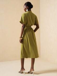 Vesra Elegant Olive Green Midi Dress With Batwing Sleeves And V-Neck For Formal Events - Olive Green - View 2