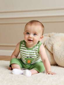 SHEIN 男婴可爱条纹两件套，春夏 - 軍綠色 - 查看 4