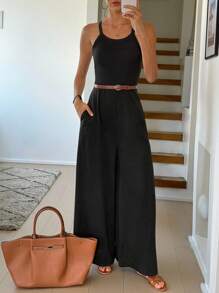 SHEIN LUNE 大码女装夏季返校季服装，女士纯色秋季服装，女士带口袋阔腿休闲复古服装，女士返校节商务休闲女装，曲线身材连体裤，复古富家女装 - 黑色 - 查看 9