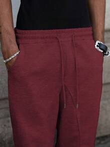 PAVTROS 年轻男士街头风格拼接抽绳腰阔腿休闲运动裤 - 酒紅色 - 查看 4
