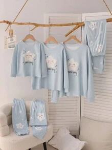 2pcs Girls Cute Star Pattern Long Sleeve Top And Pants Comfortable Pajama Set, Blue - Blue - View 1