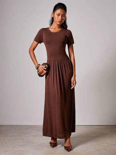 COSMINA Women's Casual Solid Color Long Knit Dress,Brown Maxi Dress