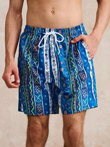 Surfspeed Men's Elastic Waist Drawstring Loose Casual Summer Beach Pants (Printed Asymmetrical Pattern) - Blue - View 4