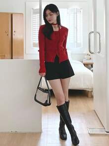 DAZY 女士红色修身开衫 秋冬 - 紅色 - 查看 3