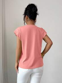 Elenzga 女式夏季休闲 3D 花卉装饰荷叶边袖孔宽松 T 恤 - 珊瑚橙 - 查看 2