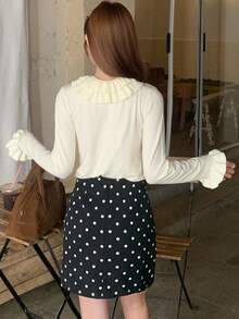 DAZY 女式圆领、彼得潘领、半高领、修身、长袖可爱毛衣秋季 - 白色 - 查看 7