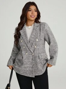 SHEIN LUNE 大码秋冬女款缺口领长袖纽扣前格子休闲西装外套/粗花呢材质/黑色西装外套/冬季女款夹克派对亮片假日 - 彩色 - 查看 6