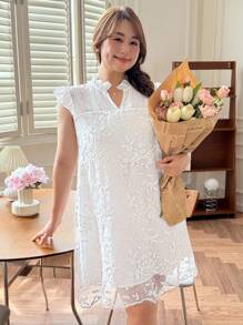 SHEIN LUNE 大码女式白色荷叶边袖不对称下摆连衣裙秋季婚礼宾客连衣裙商务休闲女士工作服商务连衣裙 - 白色 - 查看 4