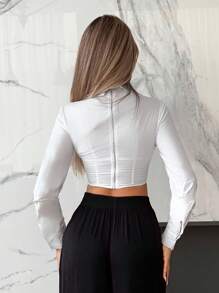 SHEIN ICON Blusa de mujer de manga larga con cuello en V, ajustada, sexy y ropa de mujer para otoño - Blanco - Ver 3