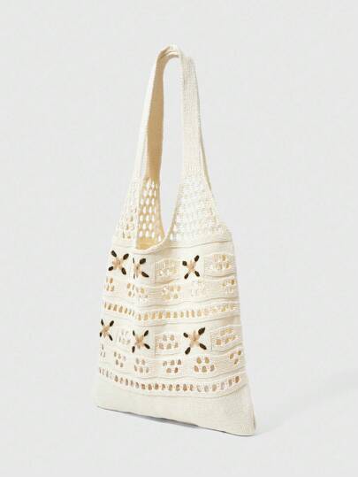 Kawaii Knitted Crochet Floral Tote Bag, Women's One Shoulder Embroidered Woven Bag, Mori Girl Style