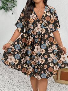 SHEIN Frenchy 大码女式V领短袖休闲度假复古碎花连衣裙，夏季女式连衣裙，飘逸连衣裙 - 彩色 - 查看 2
