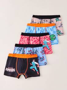 5 件装男童超级英雄图案印花透气平角内裤，休闲街头风内裤 - 彩色 - 查看 5