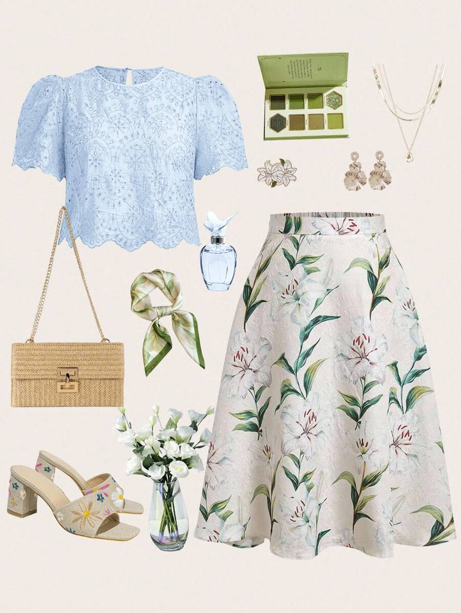 Ellevyn 春夏女式绿色蕾丝上衣 + 印花喇叭裙两件套，优雅浪漫的日常穿搭，加大码 - 淺藍色 - 查看 1