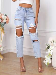 SHEIN PETITE Women's Pocket Distressed Ripped Tapered Casual Versatile Jeans - Blue - View 6
