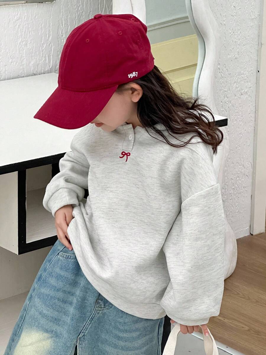 DAZY 年轻女孩可爱蝴蝶结刺绣休闲连帽卫衣 - 灰色 - 查看 1