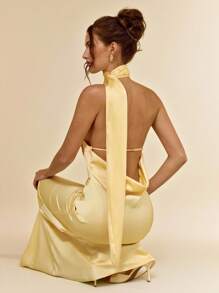 SHEIN BAE 女式黄色缎面不对称细肩带露背连衣裙，性感简约设计，适合派对、鸡尾酒会、正式活动、伴娘、生日、春夏季 - 黃色 - 查看 3