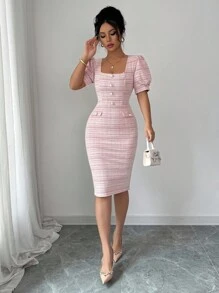 SHEIN PETITE 女士短袖泡泡袖方领高腰修身优雅浪漫中长连衣裙 - 粉色 - 查看 5