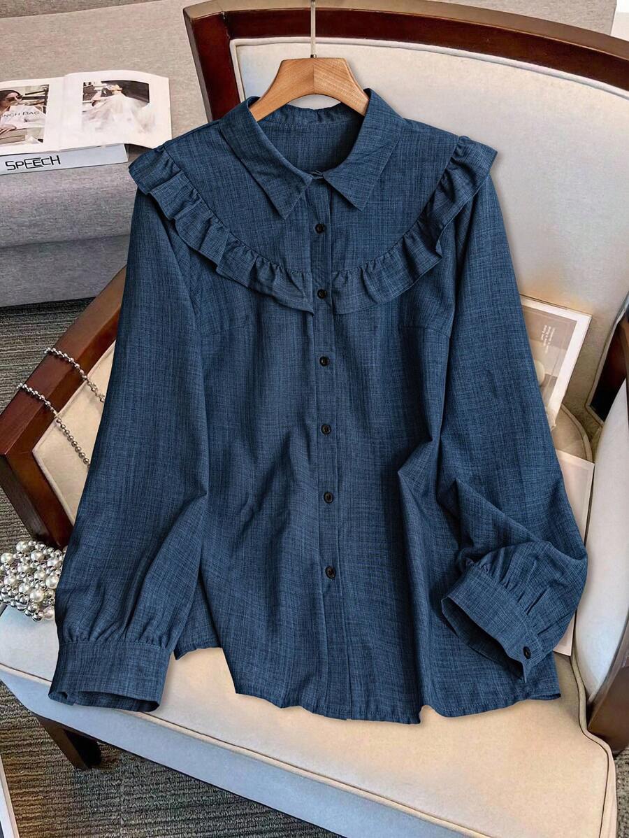 Regalyn Plus Size Solid Color Denim-Like Fabric Ruffle Collar Blouse, Regular Fit Women Shirt, Autumn/Winter Fall Cloth For Women