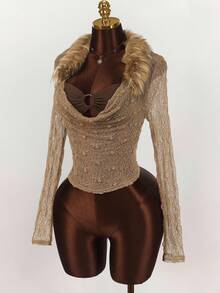 Amplova 可拆卸毛皮拼布复古嬉皮透明蕾丝长袖上衣和金属环短款上衣，两件套上衣