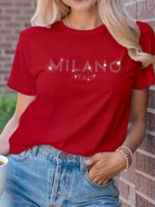 SHEIN LUNE 大码女款米兰意大利标语字母印花T恤短袖休闲上衣图案T恤女式上衣