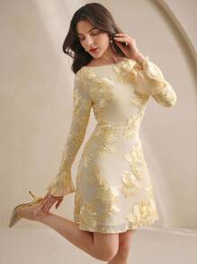 Anewsta Váy ngắn thêu tay chuông màu vàng kem thanh lịch, buộc dây phía trước, thích hợp cho sự kiện đám cưới, mùa thu - Màu be - Xem 1