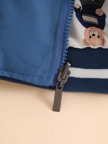 SHEIN Toddler Boys' Contrast Stripe Ribbed Collar Cute Bear Print Reversible Zip-Up Jacket Baby Bomber Jacket Baby Bear Print Jacket Baby Boy Bomber Jacket Toddler Bomber Jacket Fall Winter