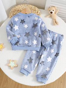 SHEIN 2 件婴儿男孩/女孩星星图案圆领长袖连帽衫和弹性袖口裤子加厚套装，柔软舒适的基本款服装，适合室内、室外、秋冬季 - 彩色 - 查看 2