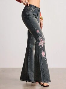 ROMWE Goth Vintage Y2K Schmetterling & Rose Jacquard bestickte Damen Skinny Flared Jeans mit niedriger Taille