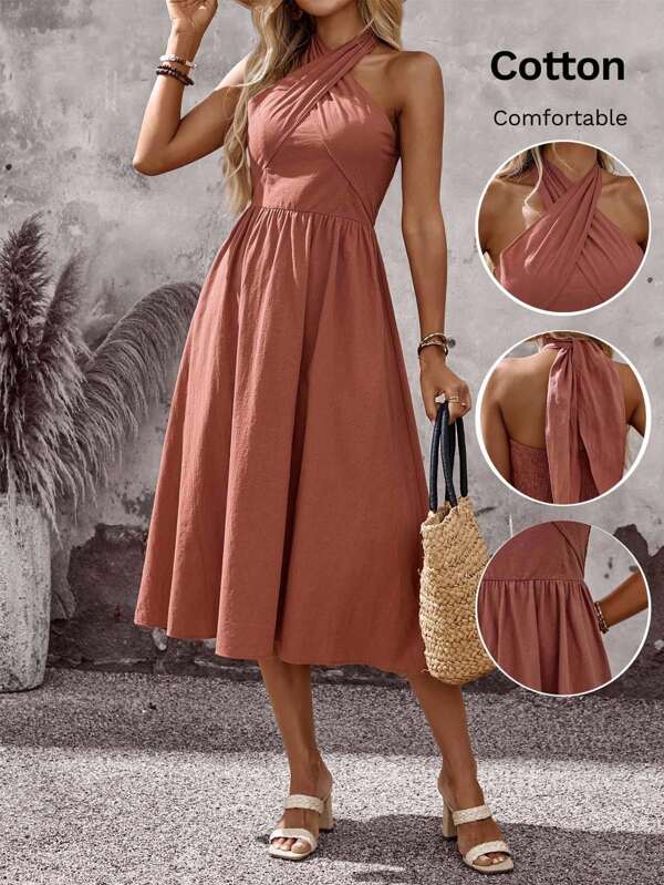 EMERY ROSE Damen Sommer Urlaub einfarbiges Criss-Cross gerafftes Träger Lässig Midi Kleid