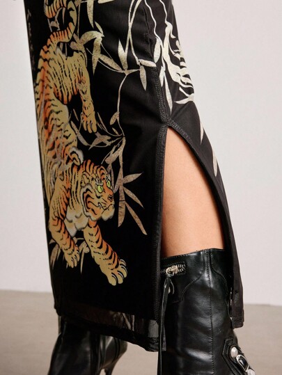 ROMWE Avant Nouvelle jupe fendue pour femme avec imprimé calligraphique de style chinois avec tigre et feuilles de bambou