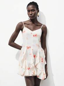 Lumivelle Women's Floral Print Chiffon Ruffle Strap Dress, Comfortable & Natural, Suitable For Vacation, Spring/Summer All White Summer Dress Clothes For University - White - View 7