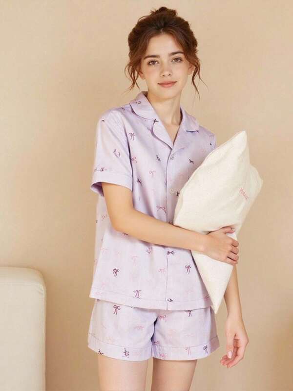 2pcs/Set Elegant Casual Purple Bowknot Design Short Sleeve Top And Shorts Pajamas Set For Teen Girls Women Pajamas Pajama Short Set Girls Pajama Short Sets Girl Summer Pajama Teen Girl Summer Pajama Set Women Pajama Set Satin Pajama Set Shorts Pajama Set Bow Pajama Set